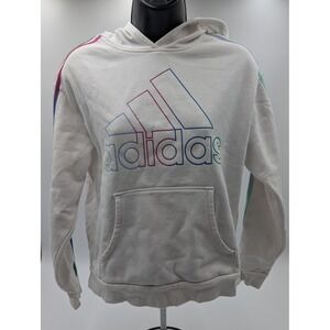 Adidas Kids White‎ Hoodie Rainbow Logo Stripes Pullover Size XL TG EG 16
